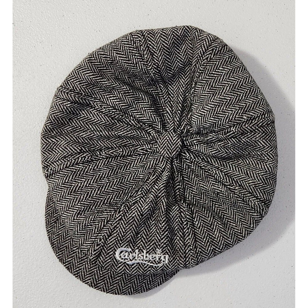Carlsberg Beer Newsboy/Gatsby Hat Size 58 Embroidered Black and Grey Herringbone